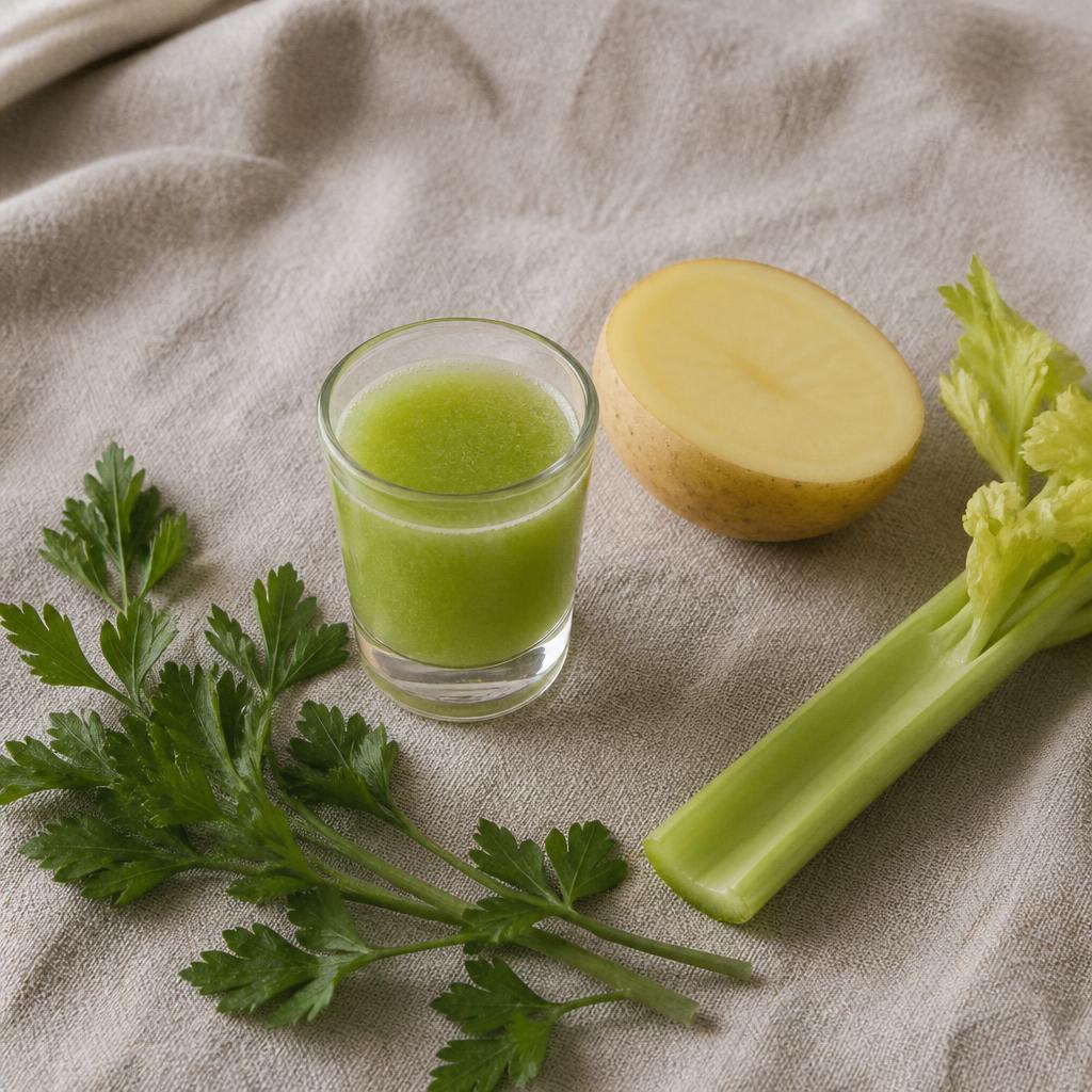 Small shot glass of vibrant pale green juice on a linen surface with fresh parsley, a halved Yukon gold potato, and a celery stalk beside it