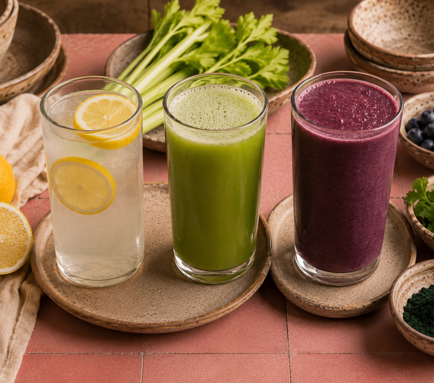 Three glasses on a linen surface in morning light — warm lemon water, fresh celery juice, and a deep purple heavy metal detox smoothie