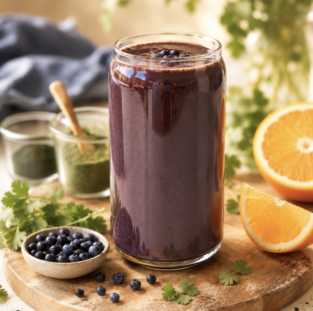Tall glass of vibrant deep purple heavy metal detox smoothie topped with wild blueberries, cilantro, and an orange slice on a linen surface