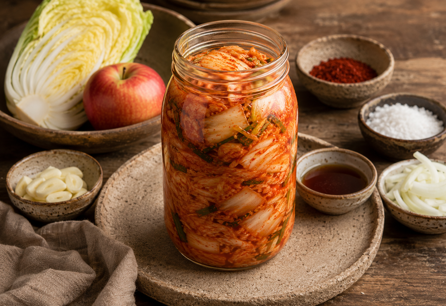 Glass jar of vibrant red napa cabbage kimchi on a wooden table